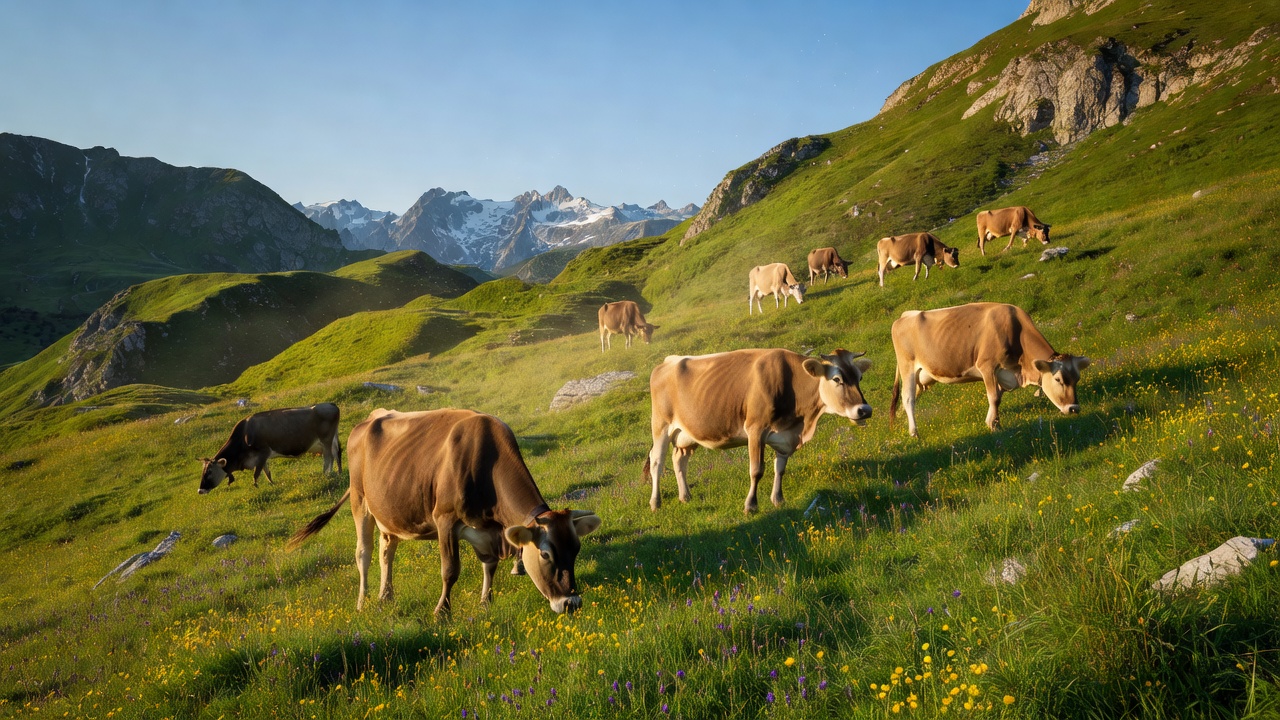 Cows grazing summer pasture on a steep Alpine hillside