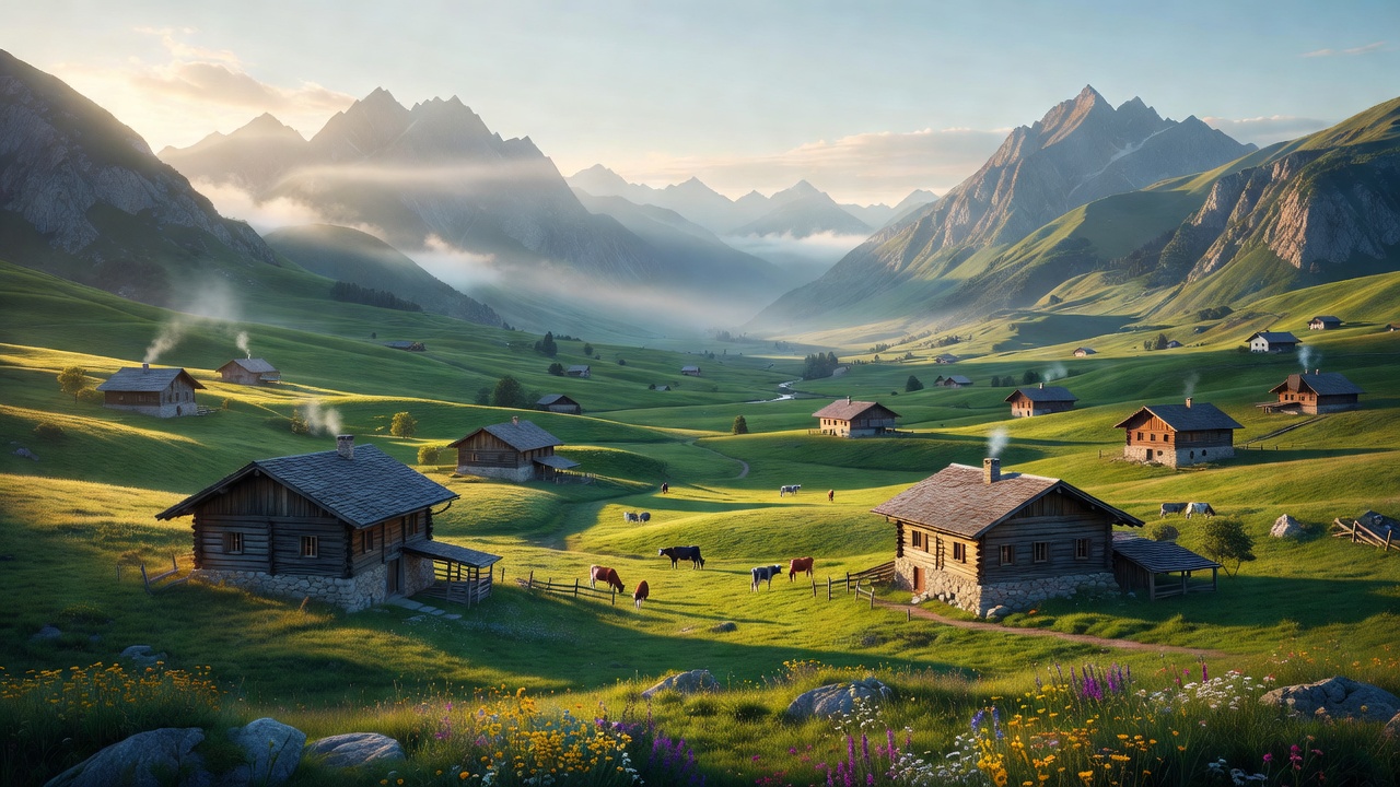 Farmhouses and pasture fields spread across a green Alpine valley