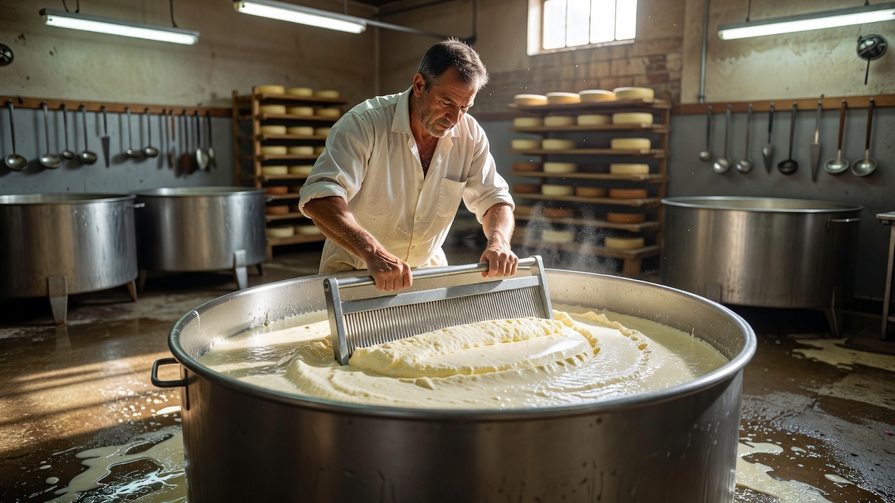 Cheesemaker drawing a cutting frame through curd in a dairy vat