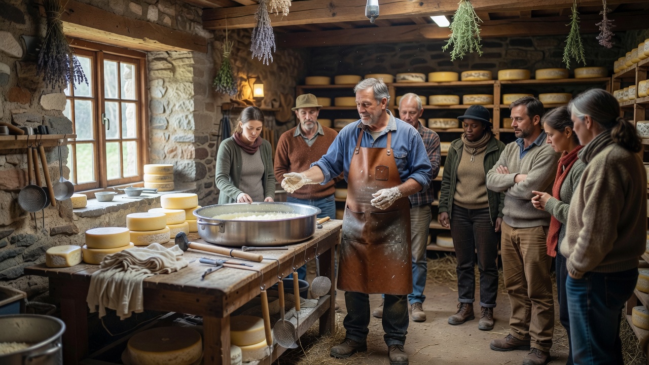 Visitors listening to a cheesemaker beside a workbench in a rural dairy